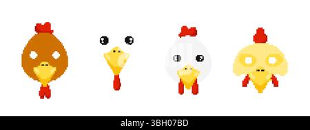 Mosaic style icons with pixel art chicken faces in various colors and cartoon expressions Stock Vector