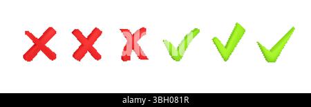 Mosaic pixel art of red cross and green check in cartoon style with simple bright colors Stock Vector