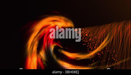 Image of glowing orange light trails moving on back background Stock Photo
