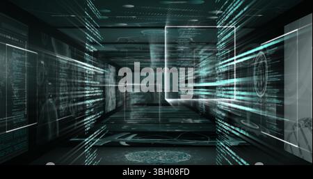 Image of digital computer language in infographic interface display screens moving in loop Stock Photo