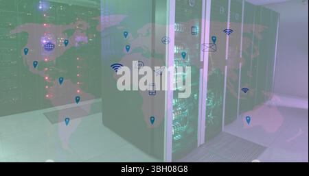 Image of world map and tech icons over servers Stock Photo