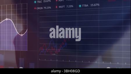 Displaying dark dashboard showing trend lines and purple panel with ticker labels in office Stock Photo