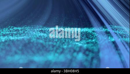 Image of blue light beams over undulating blue particles on black background Stock Photo