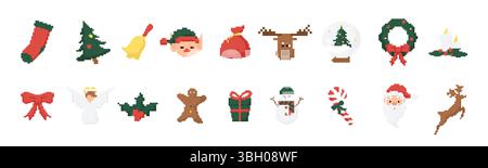 Mosaic pixel icons featuring festive holiday items and characters in classic retro sprite design Stock Vector