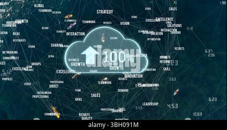 Image of cloud with growing number and network of connections with texts over sea with boats Stock Photo