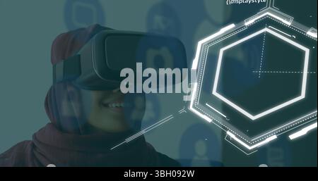 Image of chemical formulas over middle eastern woman in vr headset Stock Photo