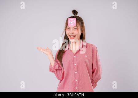 Online survey filling out and digital form checklist concept, Woman showing Document Management Checking System, online documentation database and pro Stock Photo
