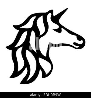 Stylized Black and White Unicorn Head Silhouette. A black and white vector illustration of a stylized unicorn head in profile view. Stock Vector
