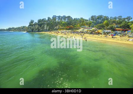 Spectacular Paradise Cove in Malibu, California, United States with turquoise waters seen from Paradise Cove Pier. Luxurious travel destination on Pac Stock Photo