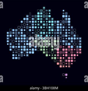Australia, shape of the country built of colored cells. Digital style map of Australia on dark background. Large size rounded square blocks. Stock Vector