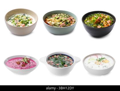 Cold soups in bowls isolated on white, set Stock Photo