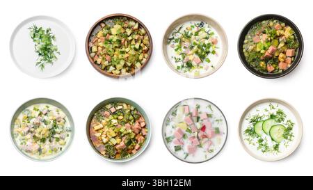 Cold soups in bowls isolated on white, set. Top view Stock Photo