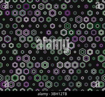 Hexagon vector pattern. Multicolored geometric elements of varied sizes. Stacked hexagon bold mosaic cell. Hexagon cells. Tileable design. Stock Vector