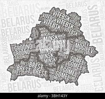 Belarus regions map word cloud. Belarus region names. Black and white map design. Elegant vector illustration. Stock Vector