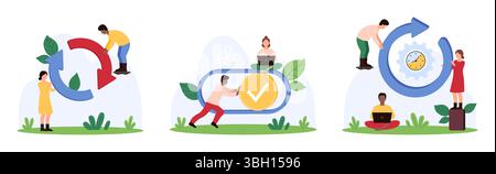 Action buttons of update software progress set. Tiny people holding two loop circular arrows and round arrow with speed spin motion and clock, turn interface switch toggle cartoon vector illustration Stock Vector
