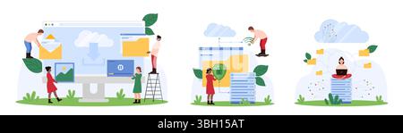 Cloud services, secure access to information storage set. Tiny people holding folder with documents, pictures and emails to upload to cloud, shield to protect data cartoon vector illustration Stock Vector