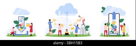 Cloud storage, data network set. Tiny people upload folder and multimedia files with big arrow up, download backup and share digital information to database server cartoon vector illustration Stock Vector