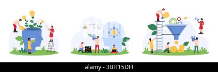 Development and monetization of creative ideas, machine learning set. Tiny people grow light bulbs in open human head, work with virtual assistant, make money using funnel cartoon vector illustration Stock Vector