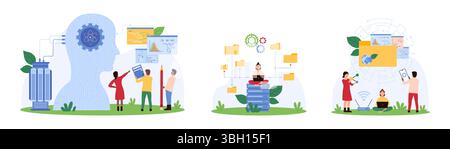 Data upload, sharing and processing set. Tiny people share folders with documents on network, work on software settings and code with AI chatbots connection and mobile app cartoon vector illustration Stock Vector