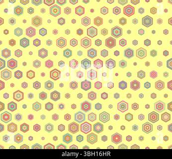 Mosaic background. Multicolored geometric elements of varied size. Rounded stacked hexagons mosaic pattern. Hexagon cells. Tileable pattern. Stock Vector