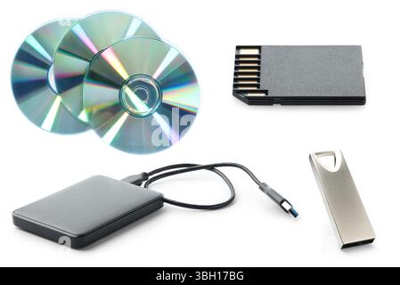Different modern memory drives isolated on white, collage Stock Photo
