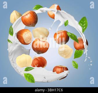 Nut milk splash with hazelnuts and green leaves in air on color gradient background Stock Photo