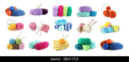 Knitting yarns and needles isolated on white, set Stock Photo