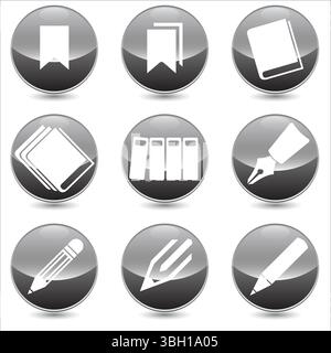 Set of 9 stationery vector linear icons. books, files, pen, pencil, bookmark etc. icons. Isolated collection for web sites icon on grey sphere rounded Stock Vector