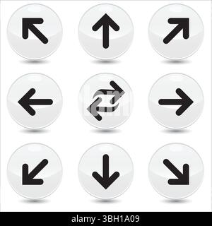Set of 9 arrows vector linear icons set. right, left, up, down etc icons. Isolated collection for web sites icon on light grey sphere rounded backgrou Stock Vector