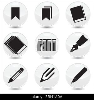 Set of 9 stationery vector linear icons. books, files, pen, pencil, bookmark etc. icons. Isolated collection for web sites icon on light grey sphere r Stock Vector