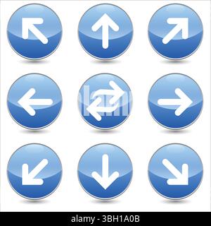 Set of 9 arrows vector linear icons set. right, left, up, down etc icons. Isolated collection for web sites icon on blue sphere rounded background Stock Vector
