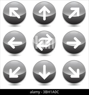 Set of 9 arrows vector linear icons set. right, left, up, down etc icons. Isolated collection for web sites icon on grey sphere rounded background Stock Vector