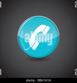 Telephone Icon on shiny aqua blue sphere. Symbol Vector. Illustration of shiny blue circle. design concepts Stock Vector