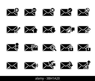 Set of email vector icons. plus, minus, delete, right, hold, pen, up, down, refresh, link, bookmark, pictures, zoom, lock unlock, music, upload, downl Stock Vector