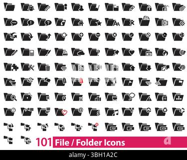 Set of 101 file folder icon set. Home, location, call, at, email, address, globe, chat, message, mail, telephone, information, support, search, websit Stock Vector