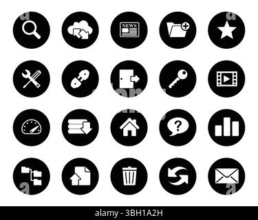 Hosting, web, document, meter, key, movie, home, bin, refresh, star, settings etc. Pixel Perfect Vector Icons on black circle for Web Graphics. Simple Stock Vector