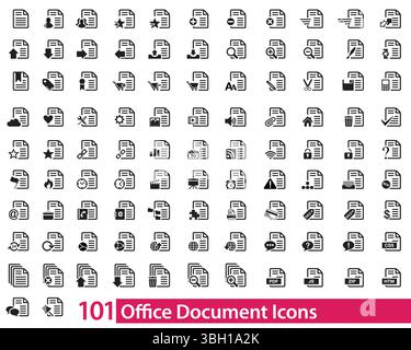 Set of 101 documen icon set. Home, location, call, at, email, address, globe, chat, message, mail, telephone, information, support, search, website et Stock Vector