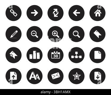 Simple white web icons on black circle. Web icons set symbol vector. Vector flat editable isolated set of icons Stock Vector