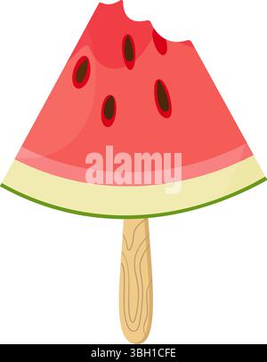Bitten Watermelon Slice on Stick. Ripe red watermelon. Hand drawn trendy flat style isolated icon on transparent background. three watermelon segments. For card design, print, banner, packaging, label Stock Vector