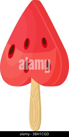 Heart shaped watermelon slice on stick. Red watermelon. Hand drawn trendy flat style isolated icon on transparent background. three watermelon segments. For card, print, banner, packaging, label Stock Vector