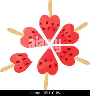 Heart shaped watermelon slices on sticks. Red watermelon. Hand drawn trendy flat style isolated icon on transparent background. three watermelon segments. For card, print, banner, packaging, label Stock Vector