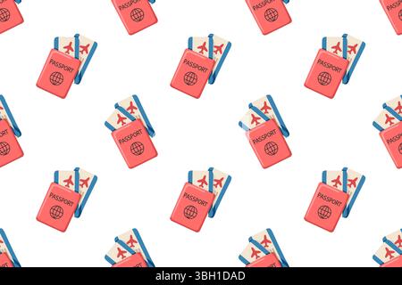 Seamless pattern with passport in colourful cover and airplane tickets. Cartoon vector on white background Stock Vector
