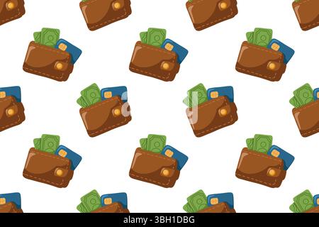 Seamless pattern with cartoon wallet full of cash and credit card. Cartoon vector background Stock Vector