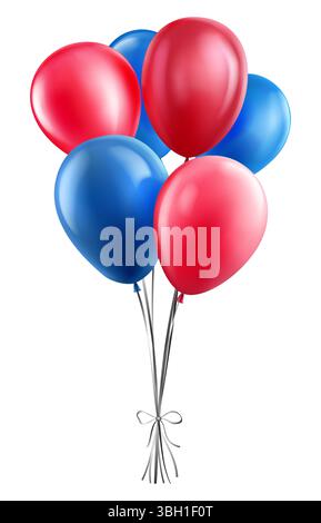 Vector illustration with six balloons in red and blue colors on white background. Balloons are tied together with a simple ribbons that forms a bow at Stock Vector