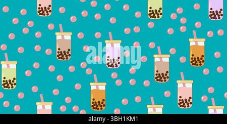 Seamless pattern with different colored boba tea glasses and tapioca pearls blue background, vector illustration Stock Vector