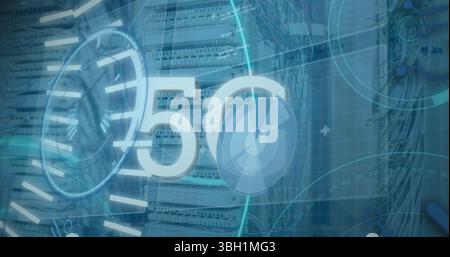Image of infographic interface with circles and 5g text over server room Stock Photo