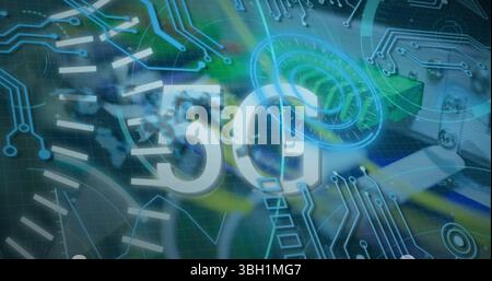 Displaying large 5G text in virtual network environment, with circuit traces and data flow arrows Stock Photo