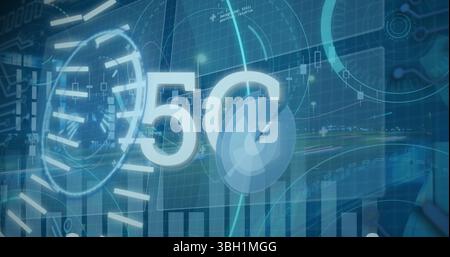 Image of 5g text banner, round scanners and data processing against night city traffic Stock Photo