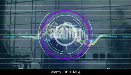 Image of round scanner and financial data processing over time-lapse of people walking at office Stock Photo
