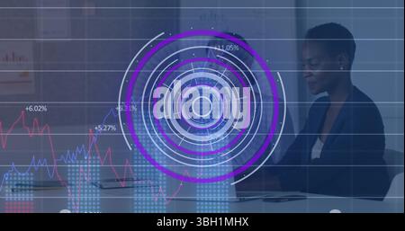 Image of round scanner and statistical data processing over diverse women discussing at office Stock Photo
